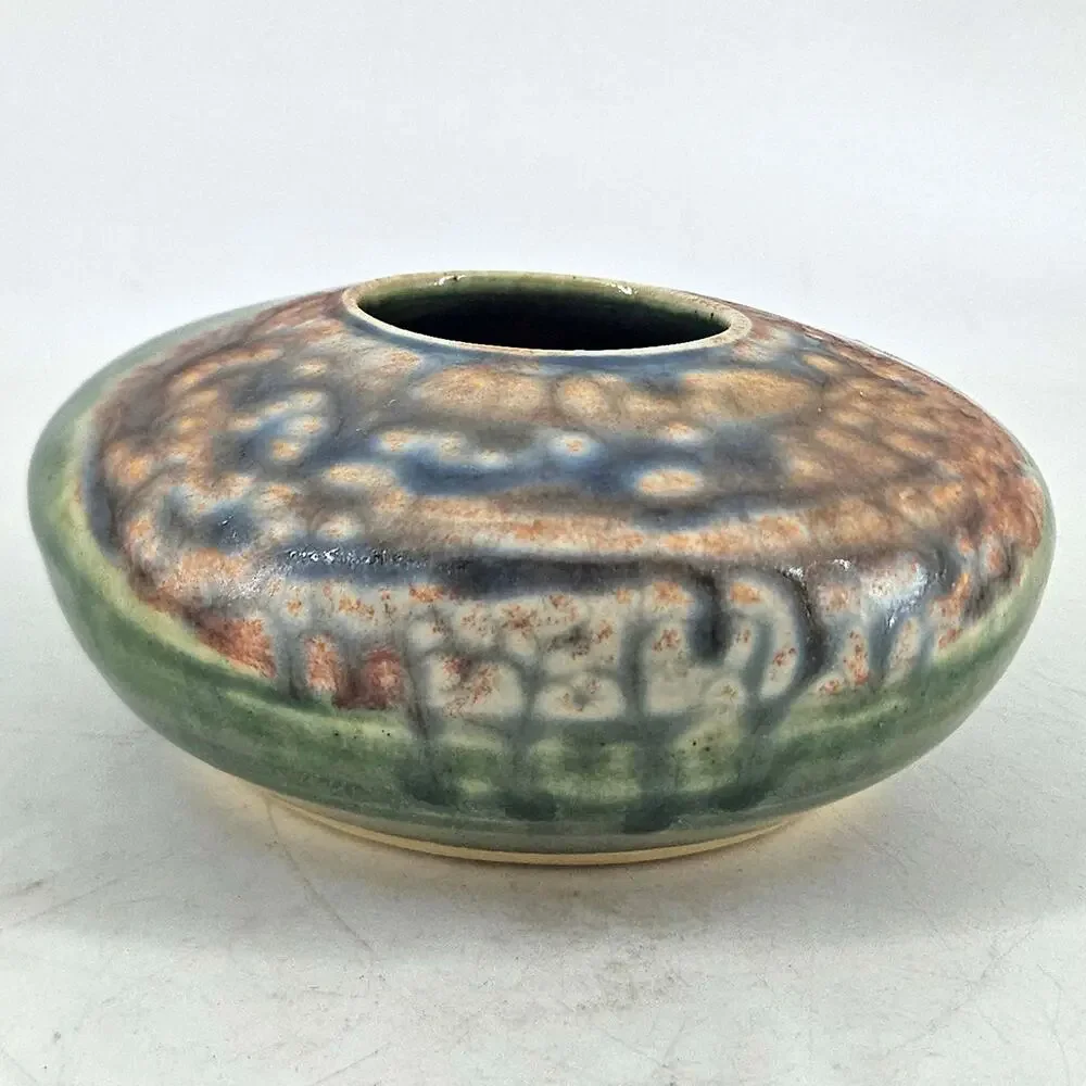 Ikebana Studio Art Pottery w Flower Frog Vase Bowl jade green Signed